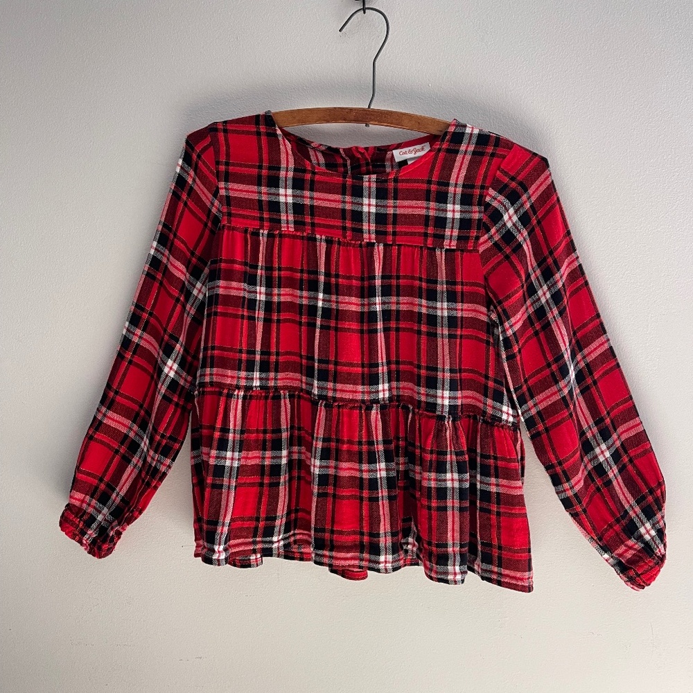 Cat & Jack Red Plaid Metallic Tiered Top Girls M 7/8 Long Sleeve Prairie Cottage